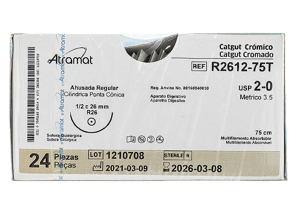 R2612-75T | Fio Sutura Catgut Crom. 2-0 AG Cil. 1/2 26 mm