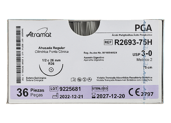 R2693-75H | Fio Sutura PGA 3-0 AG Cil. 1/2 26 mm