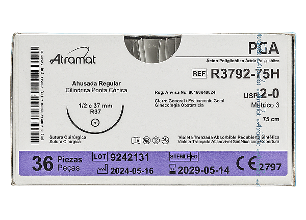 R3792-75H |  Fio Sutura PGA 2-0 AG Cil. 1/2 37 mm