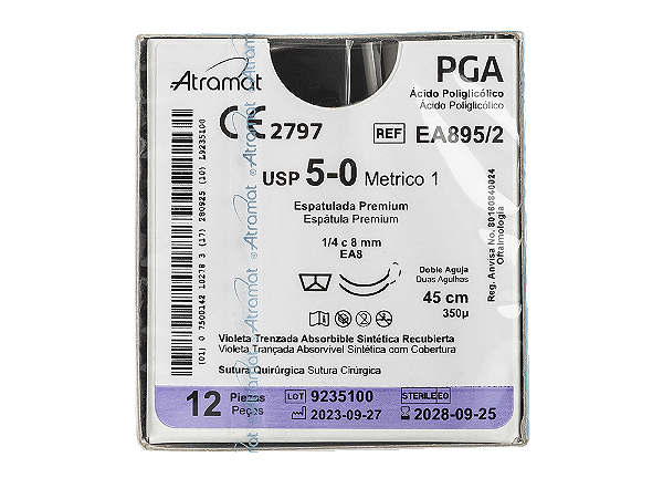 EA895/2 | Fio Sutura PGA 5-0 2x AG Espátula 1/4 Circ. 8 mm