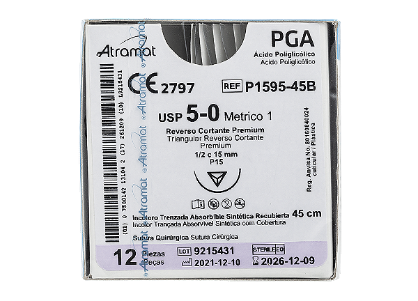 P1595-45B | Fio Sutura PGA 5-0 AG T. 1/2 Circ. 15 mm