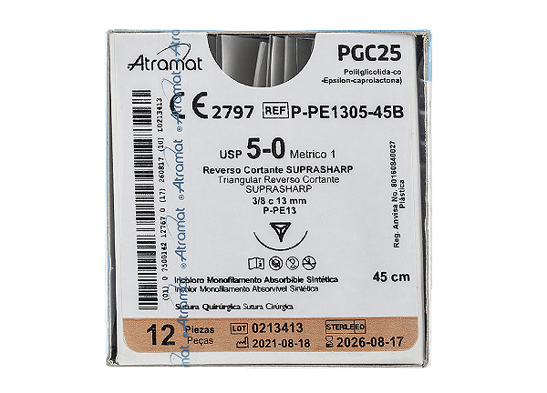 P-PE1305-45B | Fio Sutura PGC25 5-0 AG Triang. 3/8 13mm