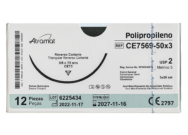 CE7569-50X3 | Fio Sutura de Polipropileno 2, AG. T. 3/8 Cir. 75 mm