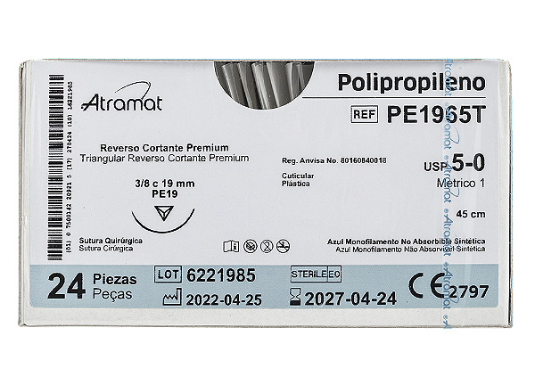 PE1965T | Fio Sutura de Polipropileno 5-0 AG. T. 3/8 Cir. 19 mm