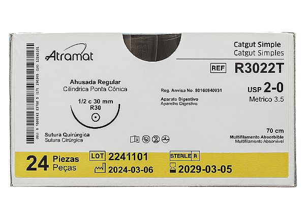 R3022T | Fio Sutura Catgut Simples 2-0 AG Cil. 1/2 Circ 30 mm
