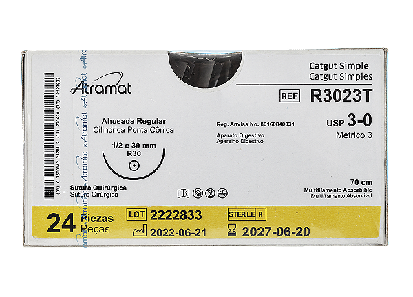 R3023T | Fio Sutura Catgut Simples 3-0 AG Cil. 1/2 Circ 30 mm