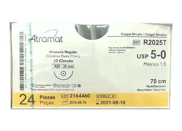 R2025T | Fio Sutura Catgut Simples 5-0 AG Cil. 1/2 Circ 20 mm (equivalente ao G320T)