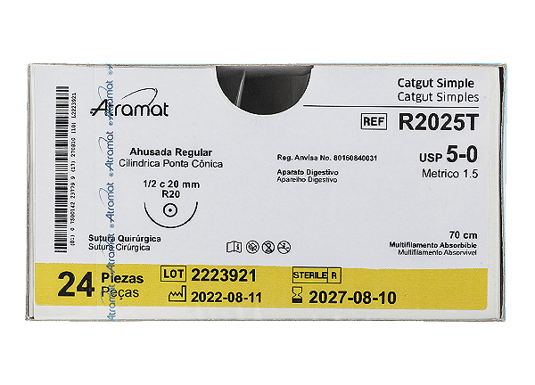 R2025T | Fio Sutura Catgut Simples 5-0 AG Cil. 1/2 Circ 20 mm