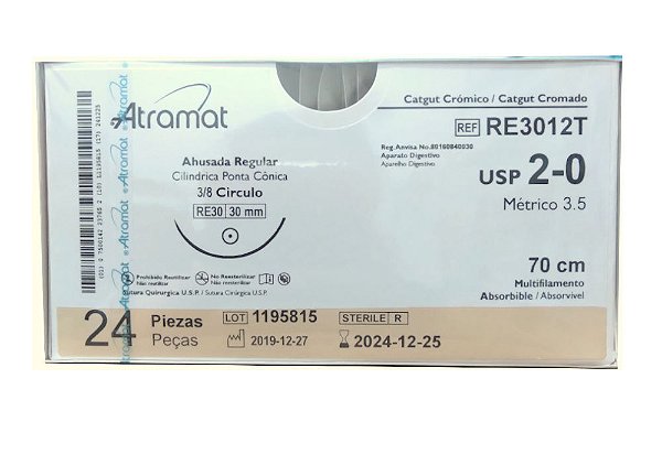 RE3012T | Fio Sutura Catgut Cromado 2-0 AG Cil. 3/8 Circ. 30 mm (equivalente ao G113T)