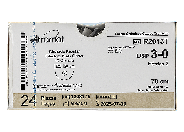 R2013T |  Fio Sutura Catgut Cromado 3-0 AG Cil. 1/2 Circ. 20 mm