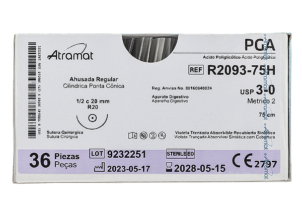 R2093-75H | Fio Sutura PGA 3-0 AG Cil. 1/2 Circ. 20 mm