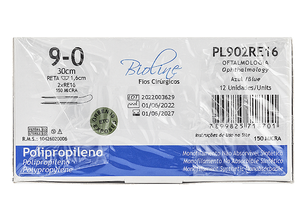PL902RE16 | Fio Sutura Bioline Polipropileno 9-0 2 x AG Espátula Reta 16 mm - Oftalmologia