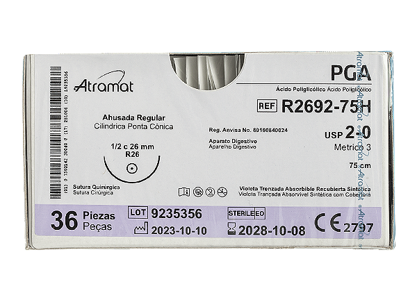 R2692-75H | Fio Sutura PGA 2-0 AG Cil. 1/2 Circ. 26 mm