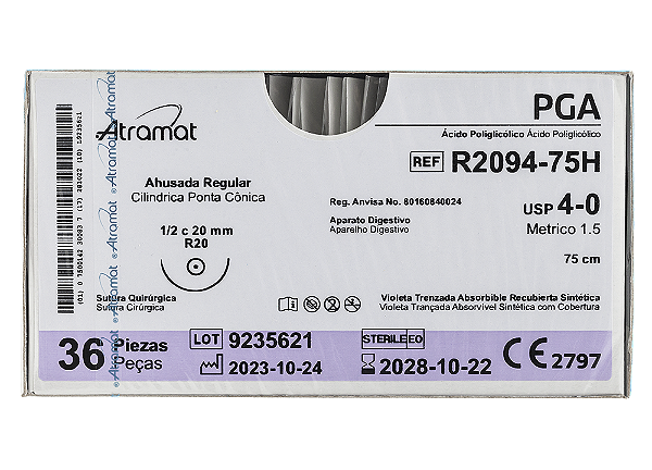 R2094-75H | Fio Sutura PGA 4-0 AG Cil. 1/2 Circ. 20 mm