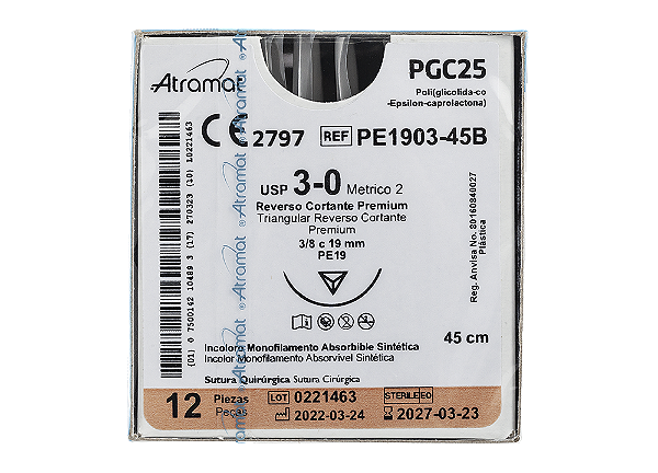 PE1903-45B | Fio Sutura de PGC25 3-0 AG T. 3/8 Circ. 19 mm