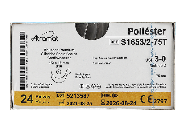 S1653/2-75T | Fio Sutura de Poliéster 3-0 2 x AG Cil. 1/2 Circ. 16 mm