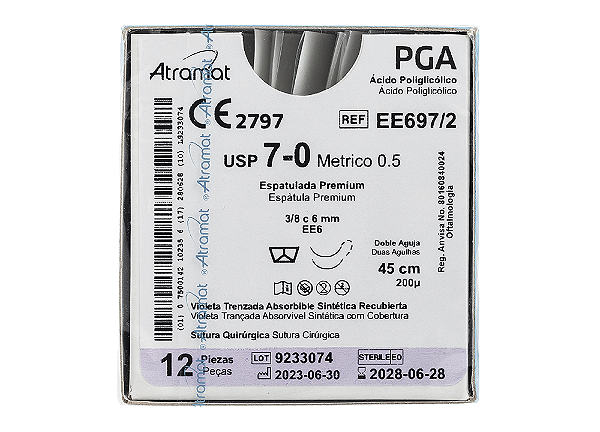 EE697/2 | Fio Sutura PGA 7-0 2x AG Espátula 3/8 6 mm - Oftalmologia