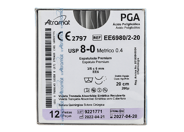 EE6980/2-20 | Fio Sutura PGA 8-0 2x AG Espátula 3/8 Circ. 6 mm