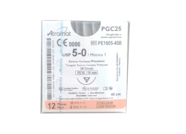 PE1605-45B | Fio Sutura PGC25 5-0 AG Triang. 3/8 16mm (equivalente ao Monocryl Y844G)