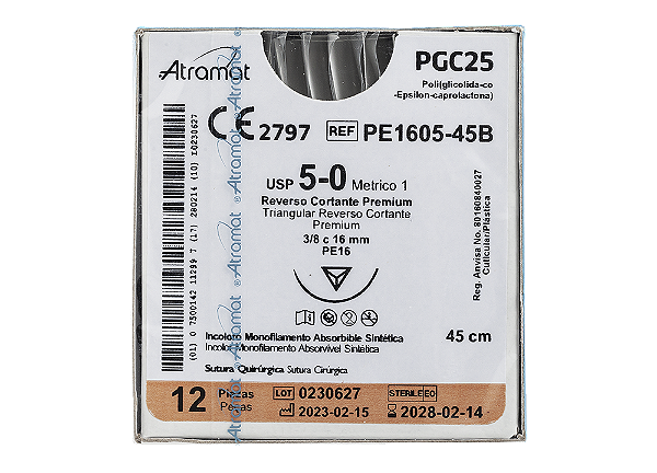 PE1605-45B | Fio Sutura PGC25 5-0 AG Triang. 3/8 16mm