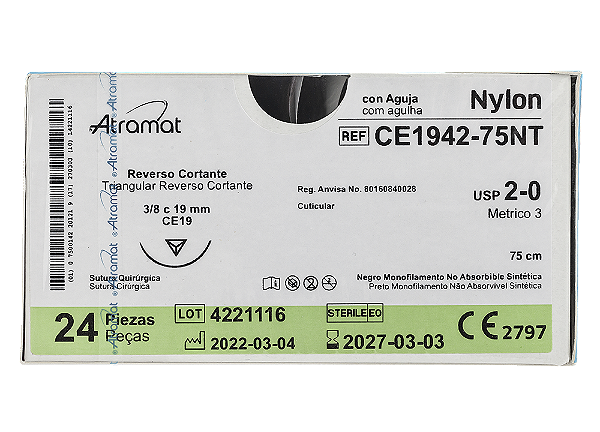CE1942-75NT | Fio Sutura Nylon 2-0 AG Triang. 3/8 19 mm, 75 cm de comprimento