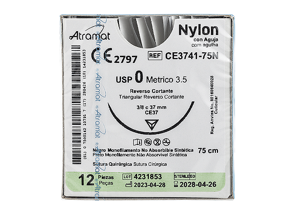 CE3741-75N | Fio Sutura Nylon 0 AG Triang. 3/8 37 mm. 75 cm de comprimento