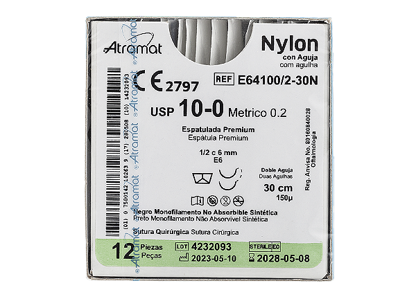 E64100/2-30N | Fio Sutura Nylon 10-0 2 x AG Espátula 1/2 círculo 6 mm - Oftalmologia