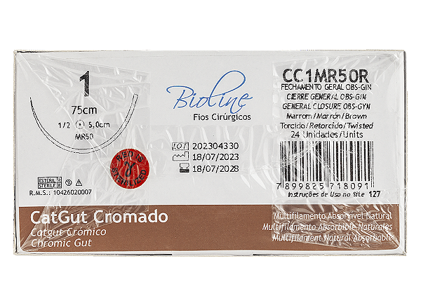 CC1MR50R | Fio Sutura Catgut Crom. 1 AG Cilíndrica 1/2 50mm