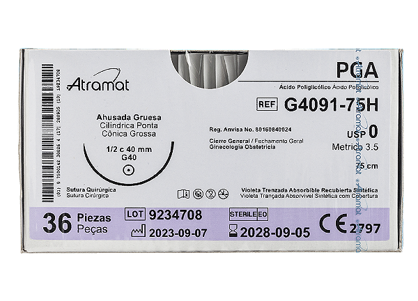 G4091-75H | Fio Sutura PGA 0 AG Cil. 1/2 40 mm