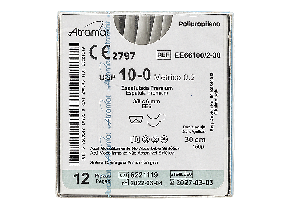 EE66100/2-30 | Fio Sutura de Polipropileno 10-0 2x AG 6 mm Espátula 3/8 de círculo