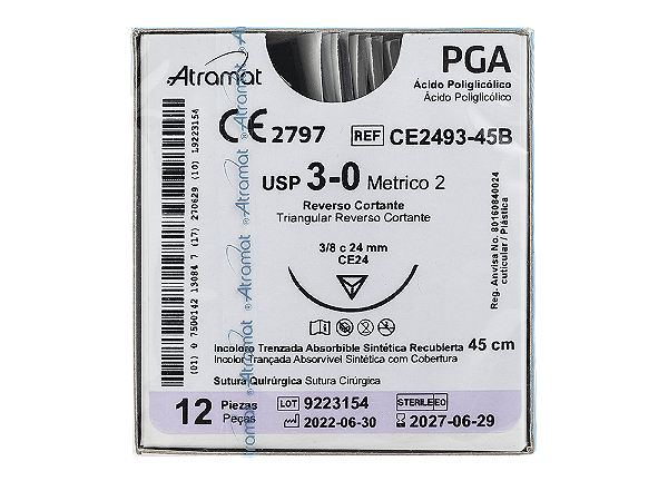 CE2493-45B | Fio Sutura PGA 3-0 AG T. 24 mm 3/8 de círculo