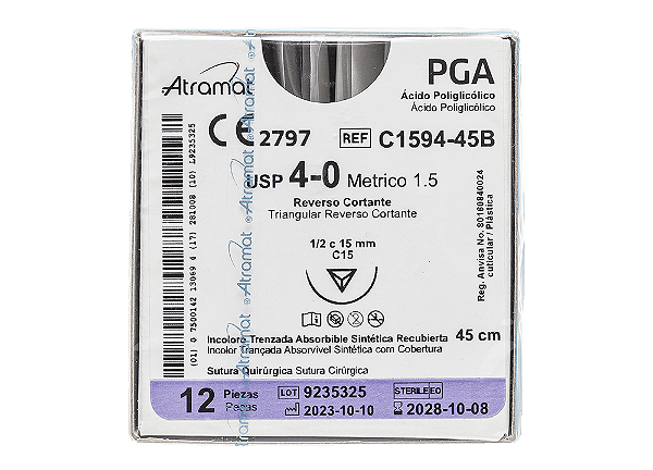 C1594-45B | Fio Sutura PGA 4-0 AG T. 15 mm 1/2 círculo