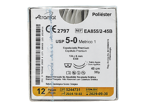 EA855/2-45B | Fio Sutura Poliéster 5-0 2 x AG Espátula 1/4 círculo 8 mm - Oftalmologia (equivalente ao Mersilene 1760G)