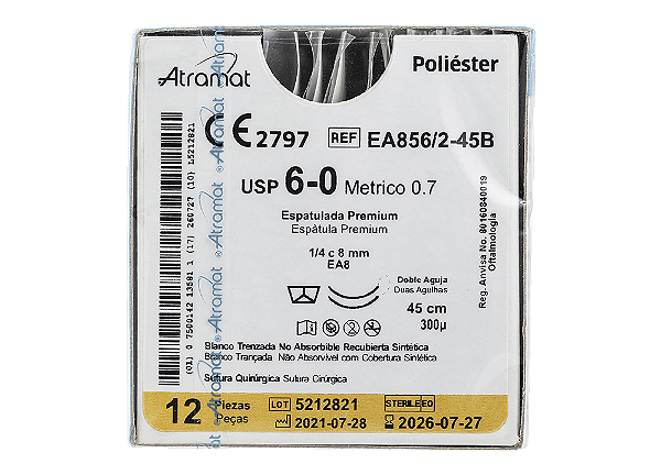 EA856/2-45B | Fio Sutura Poliéster 6-0 2 x AG Espátula 1/4 círculo 8 mm - Oftalmologia (equivalente ao Mersilene 1722G)