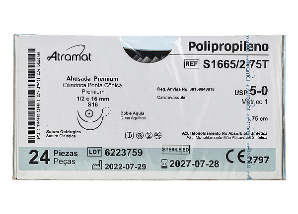 S1665/2-75T | Fio Sutura Polipropileno 5-0 2x AG Cil. 16 mm
