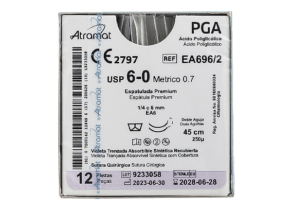 EA696/2 | Fio Sutura PGA 6-0 2x AG Espátula 1/4 Circ. 6 mm