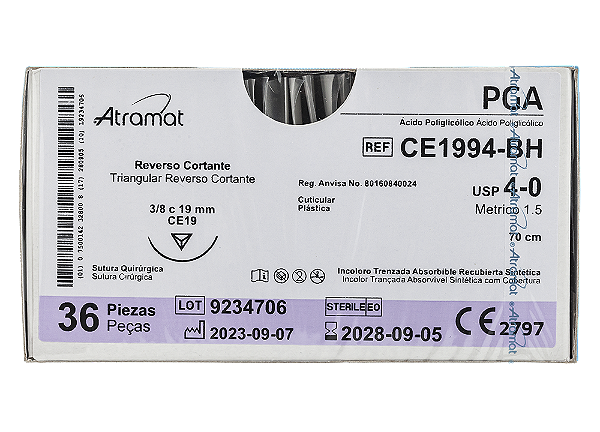 CE1994-BH | Fio Sutura PGA 4-0 AG T. 3/8 Circ. 19 mm
