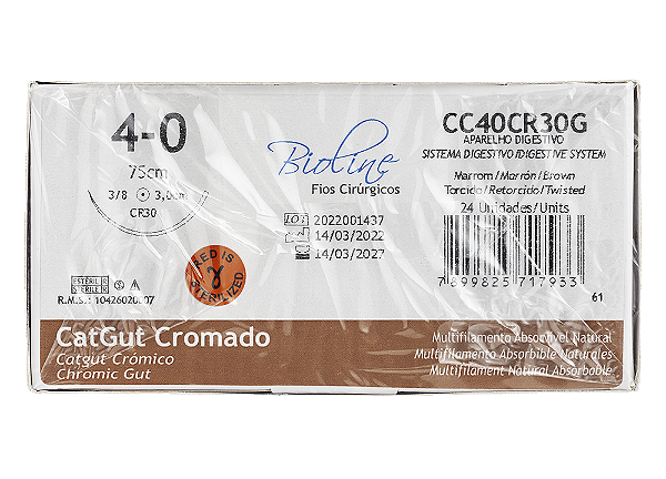 CC40CR30G | Fio Sutura Catgut Crom. 4-0 AG Cil. 1/2 30 mm