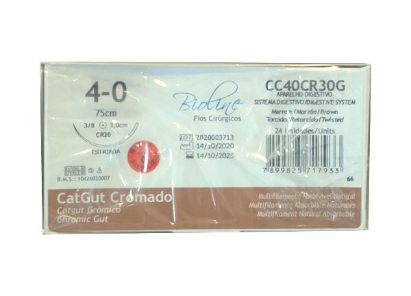 CC40CR30G | Fio Sutura Catgut Crom. 4-0 AG Cil. 1/2 30 mm