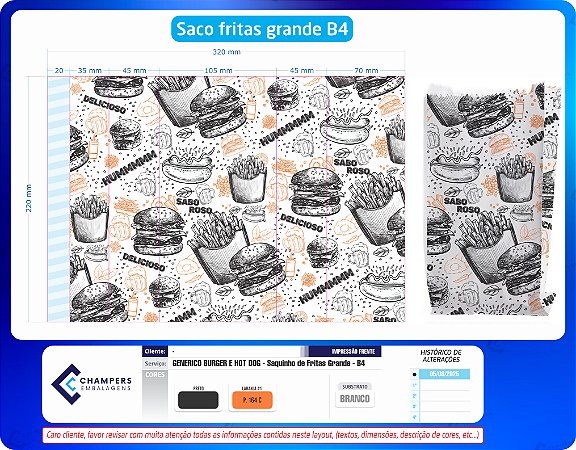 Saquinho de Fritas com barreira de gordura B4 10x5x19 c/500 Estampa Generica