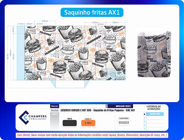 Saquinho de Fritas com barreira de gordura XA1 7,5x5x12 c/500 Estampa Generica