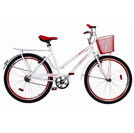 Bicicleta Cairu Aro 26 Genova Com Bagageiro E Cesta Branco e Vermelho