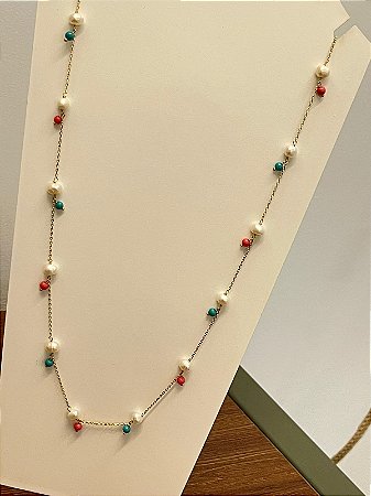 Colar Com Pérola e Rosa com Turquesa Longo