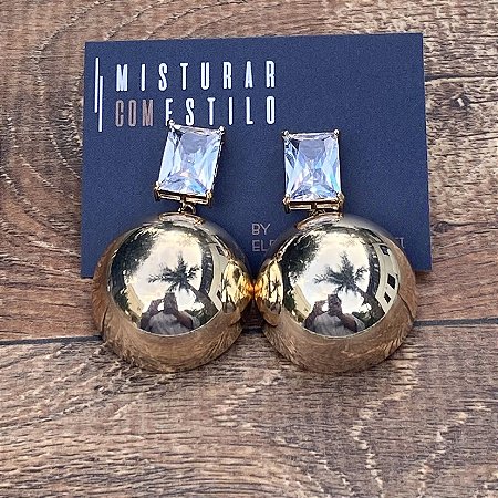 Brinco Bolão Com Pedra Retangular - Cristal