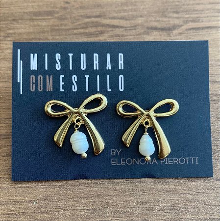 Brinco Laço Com Pérola - Dourado