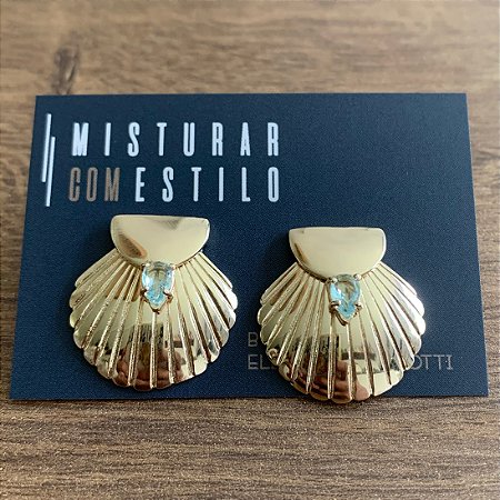 Brinco Concha com Pedra Aqua - Dourado