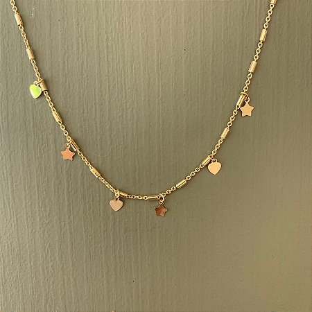 Colar Estrelas e Corações Com Canutilhos