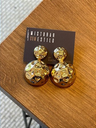 Brinco Bolão Amassado Duplo - Dourado