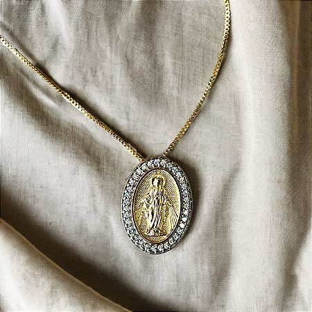 Colar N. S. das Graças - M - Dourado e Ródio
