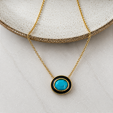 Colar Solitário Oval Aurora - Turquesa com Preto